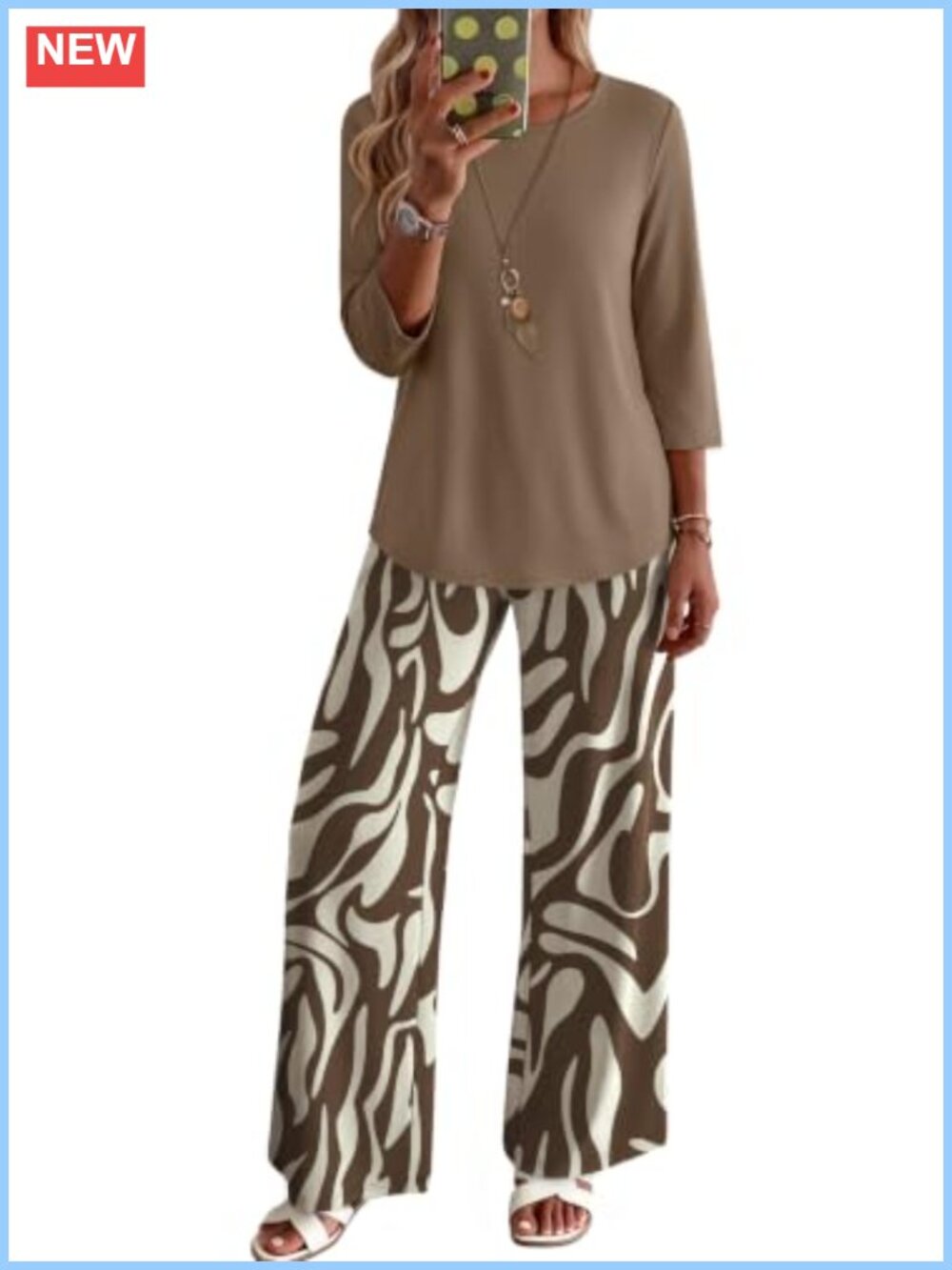 Womens 2 Piece Lounge Set 3/4 Sleeve Top Printed Pants Pockets